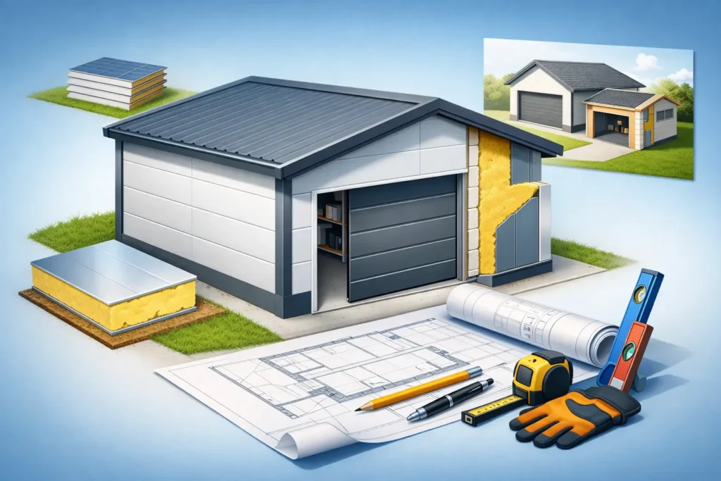 Isolierte Garage aus Sandwichplatten planen